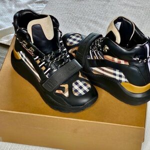 Burberry Black and Plaid High-Top Sneakers